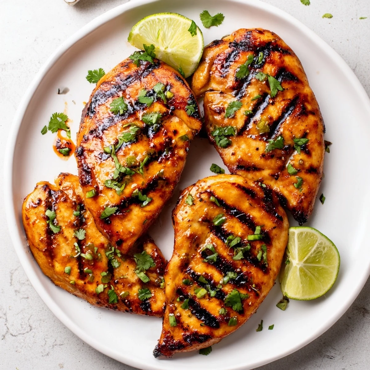 Sliced Grilled Spicy Honey Lime Chicken on plate with lime wedges  