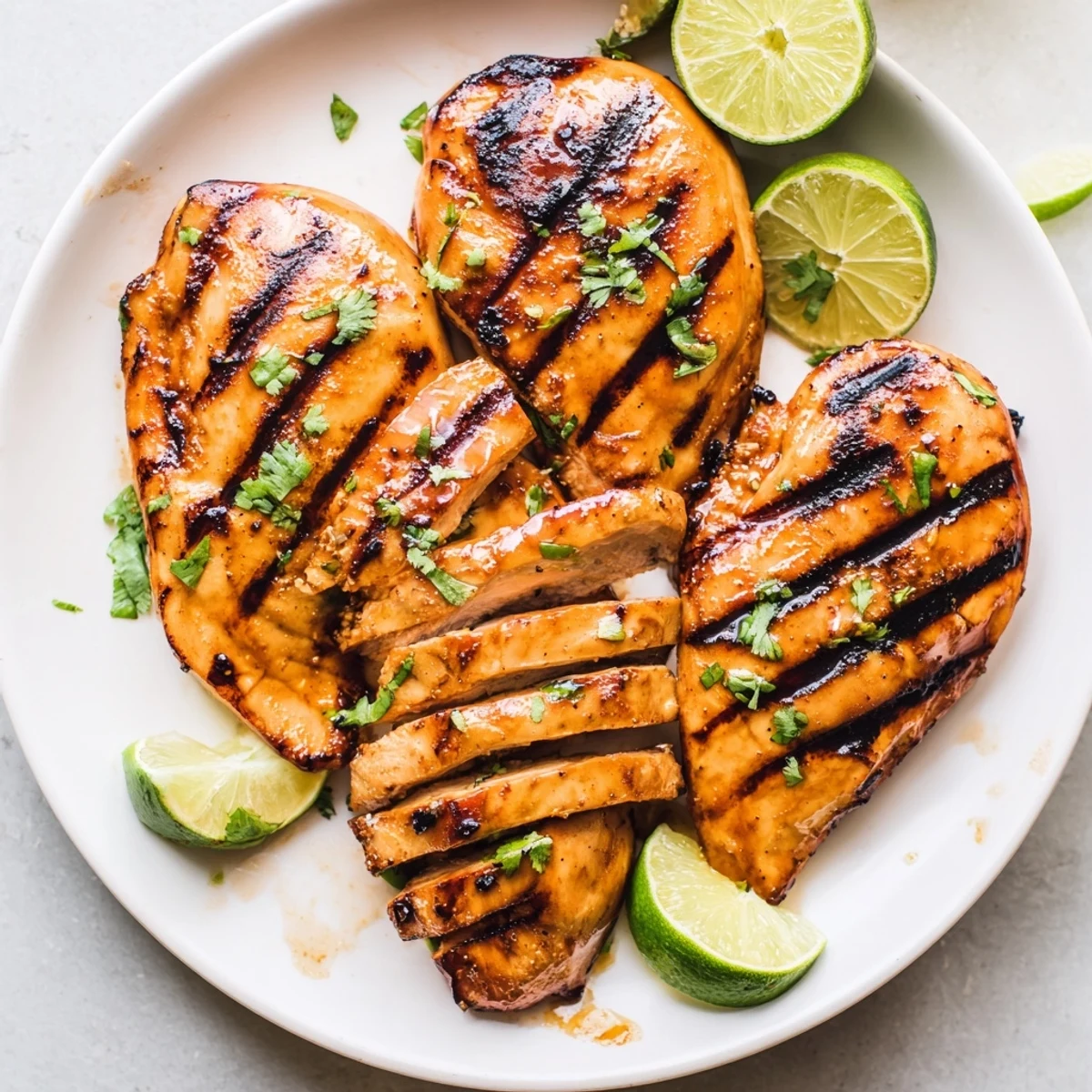 Warm Grilled Spicy Honey Lime Chicken sliced over fresh summer salad, cilantro garnish