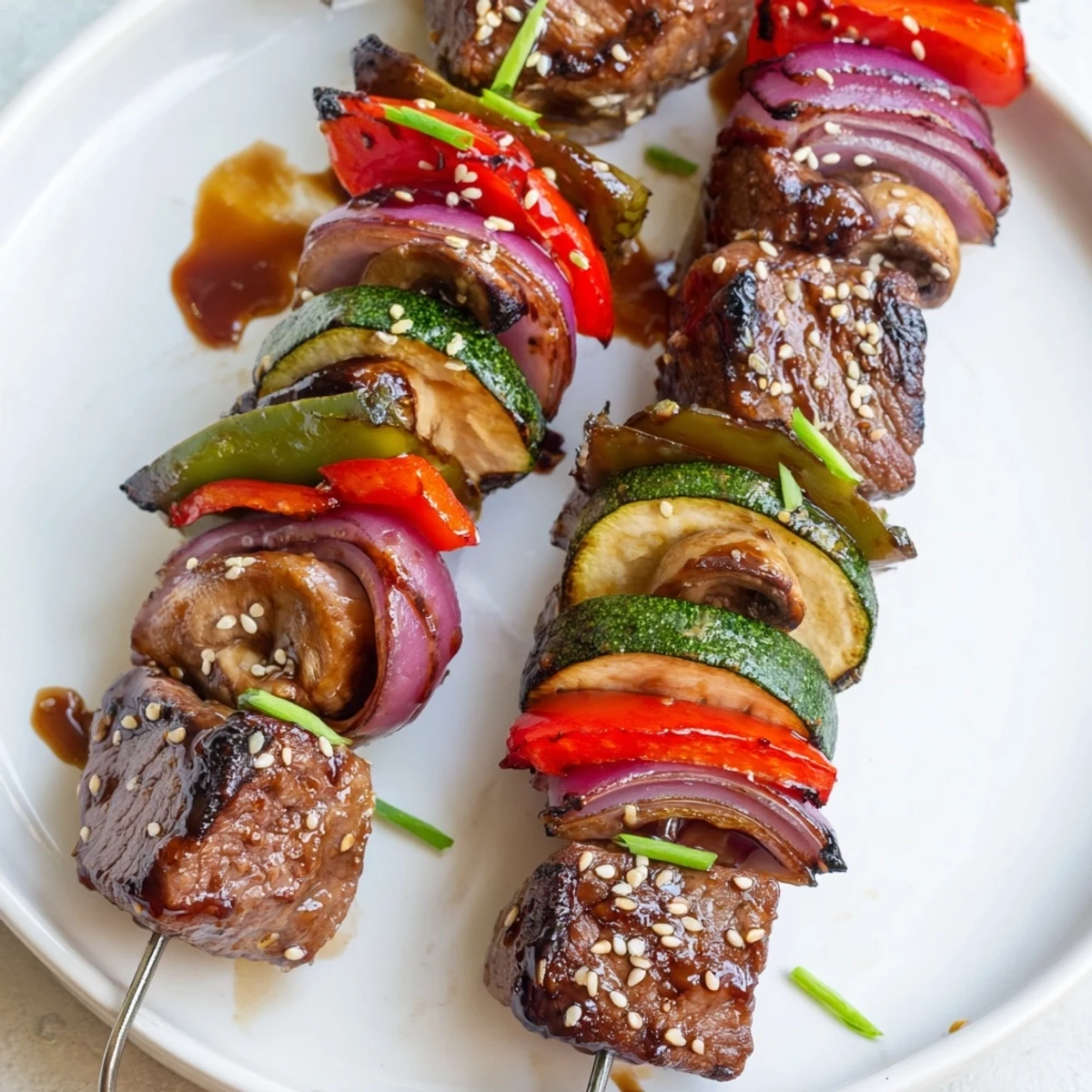 Grilled Teriyaki Steak Kabobs glistening with sauce, charred vegetables, served over rice