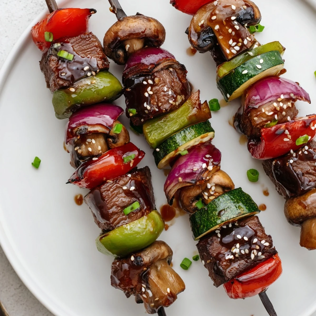Skewered Grilled Teriyaki Steak Kabobs sizzling on grill, sesame and green onions