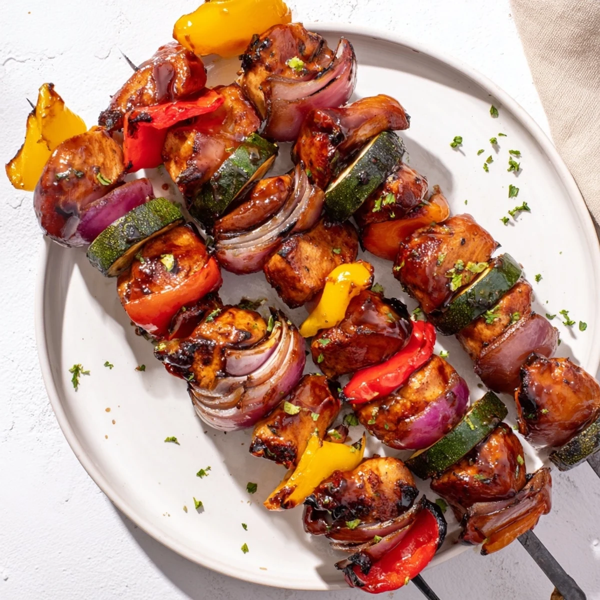 Juicy Chicken Kabobs On The Grill resting on skewers, vegetables glowing
