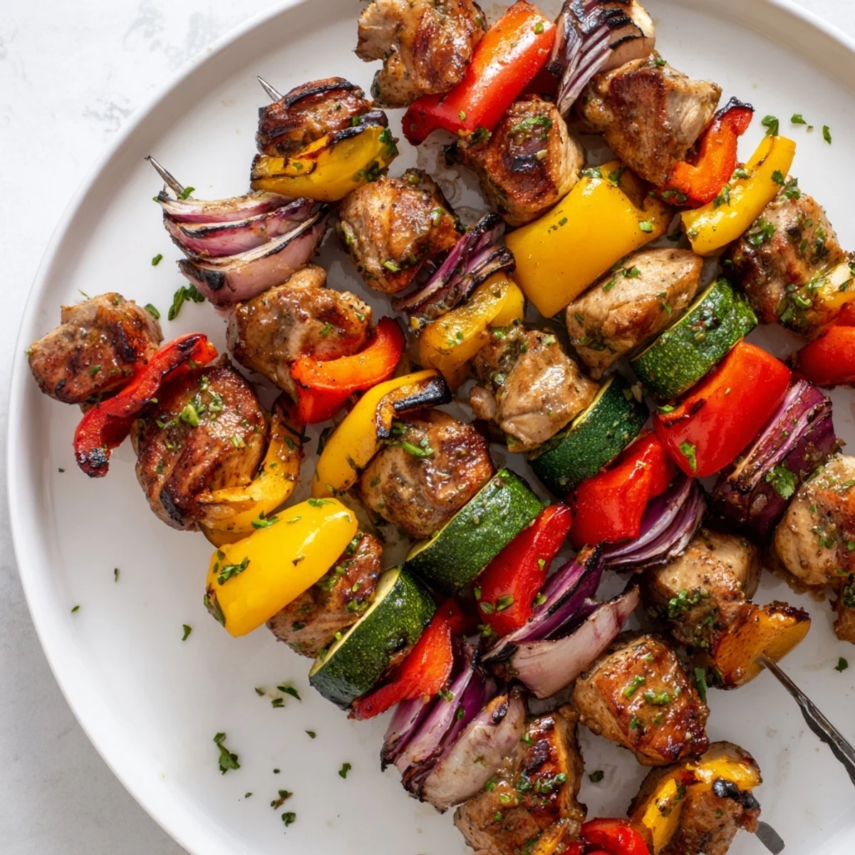 Smoky Chicken Kabobs On The Grill with charred peppers and lemon