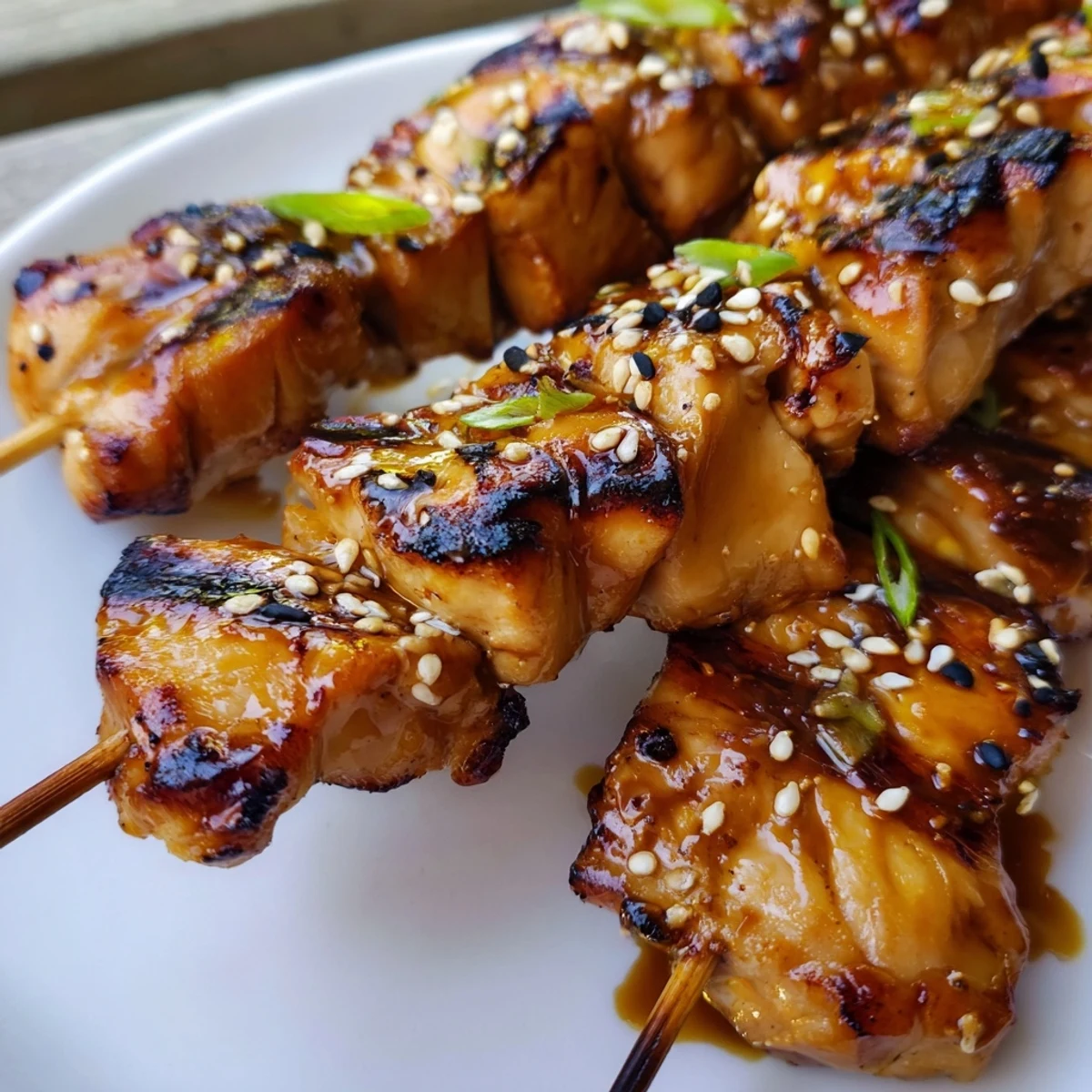 Grilled Asian Chicken Skewers With Honey Garlic Sauce, sticky glazed, sesame-topped