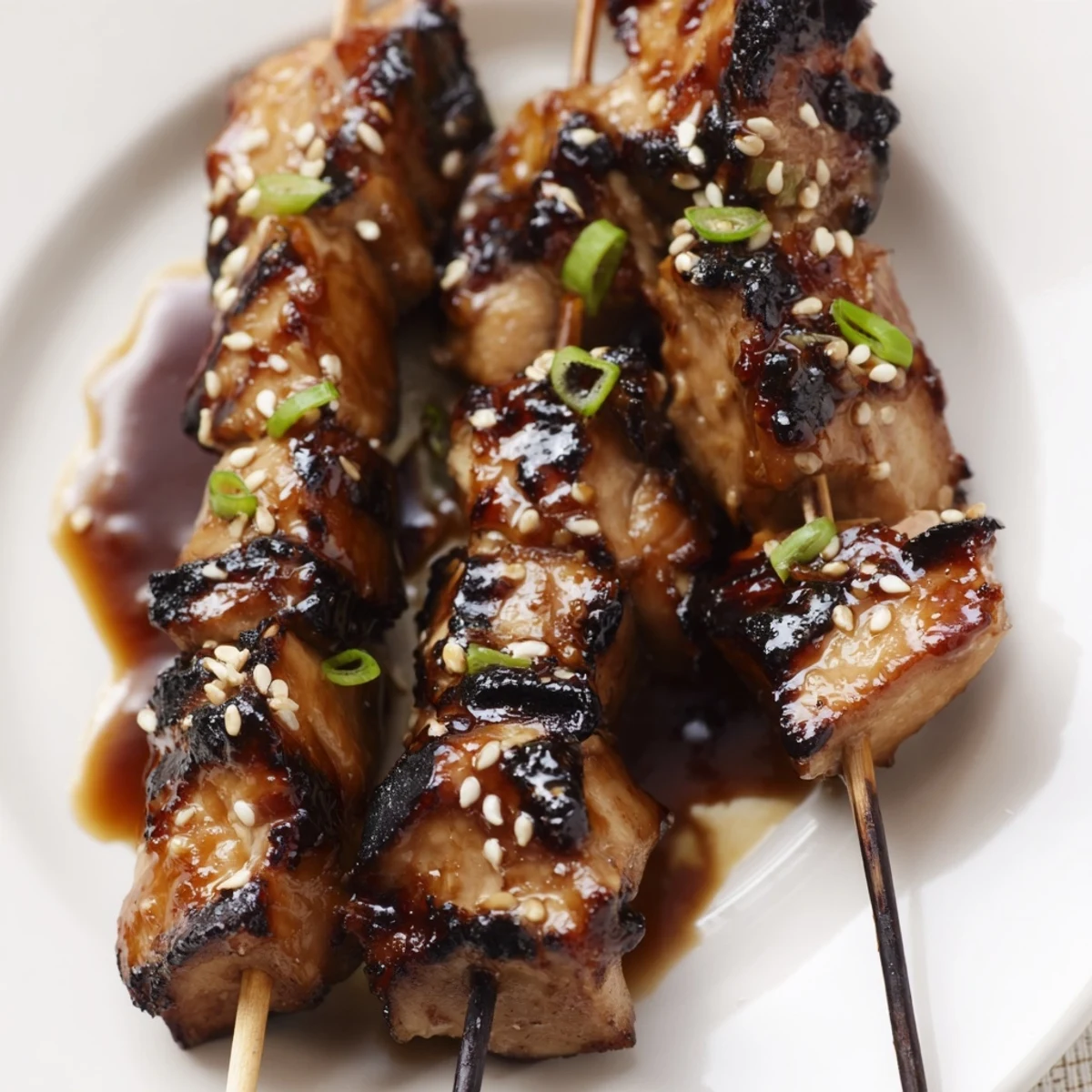 Plated Grilled Asian Chicken Skewers With Honey Garlic Sauce, charred edges, scallion garnish
