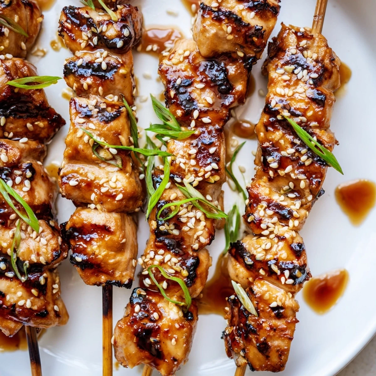 Close-up of Grilled Asian Chicken Skewers With Honey Garlic Sauce over jasmine rice