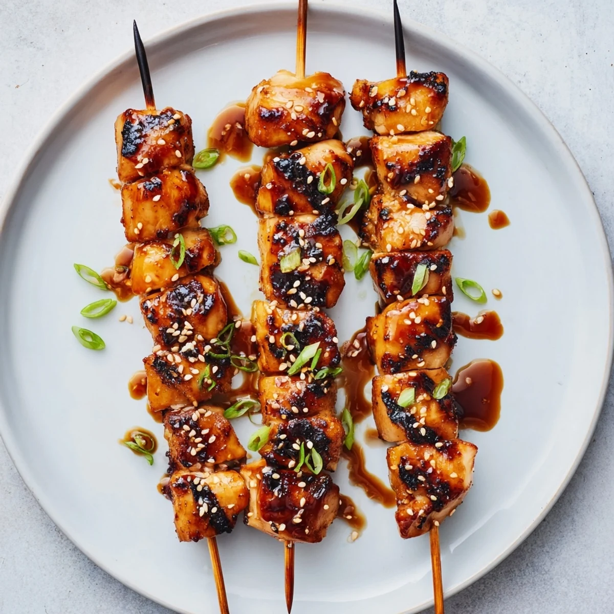 Teriyaki Chicken Skewers glistening with sticky glaze, charred edges, sesame garnish.