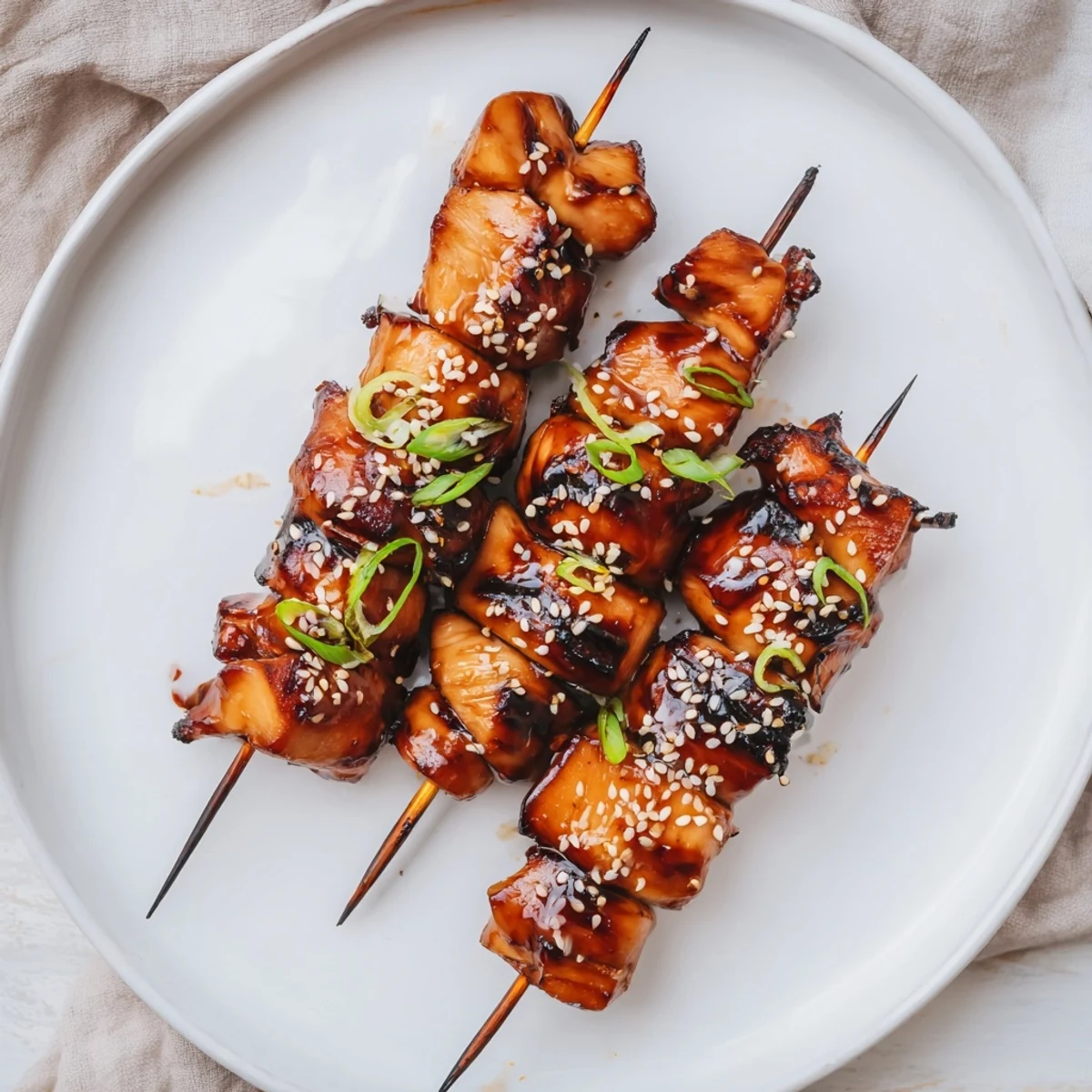Grilled Teriyaki Chicken Skewers resting on steamed rice, scallions, sesame seeds.