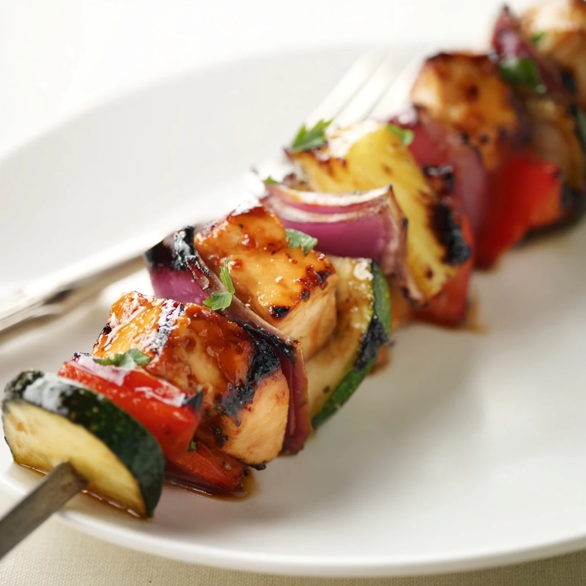 Grilled Chicken Kabobs With Pineapple And Zucchini sizzling, charred edges, served on wooden skewers