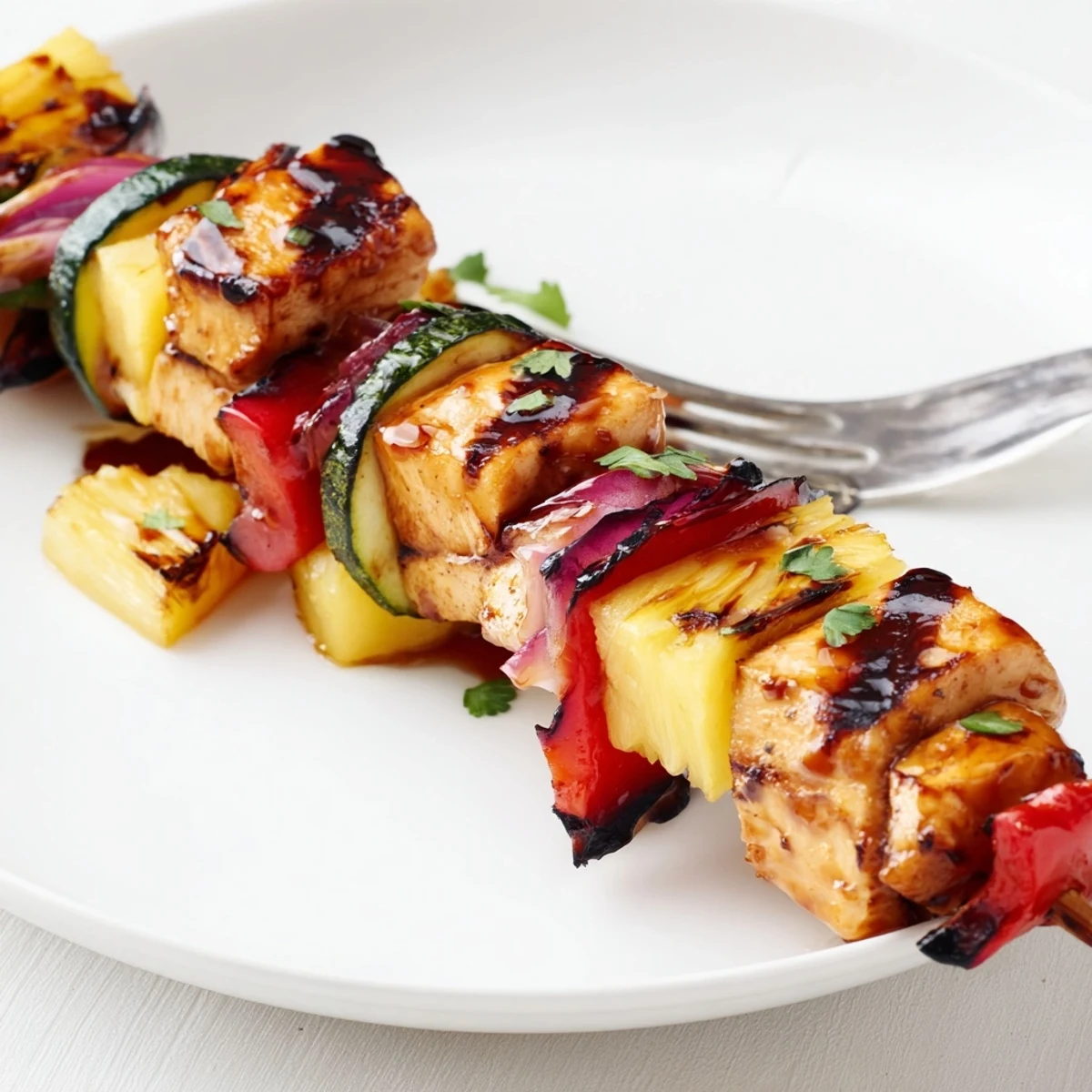 Colorful Grilled Chicken Kabobs With Pineapple And Zucchini resting on platter, cilantro garnish