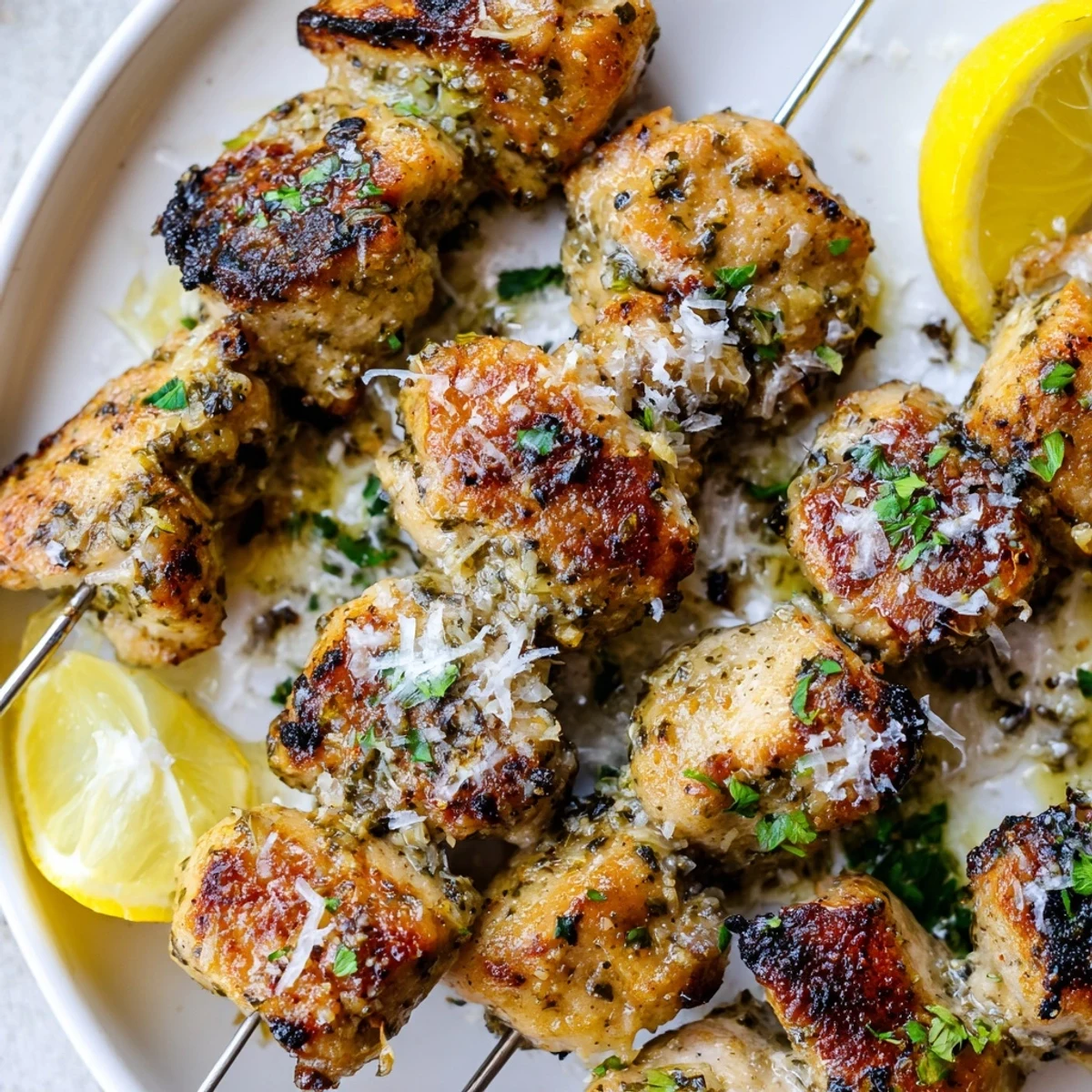 Grilled Savory Garlic Parmesan Chicken Skewers resting on platter, parsley sprinkled