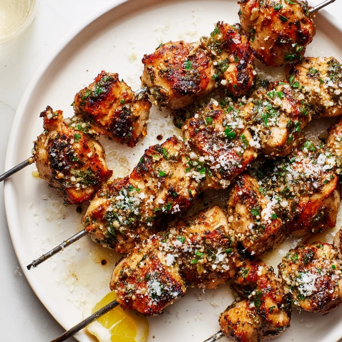 Savory Garlic Parmesan Chicken Skewers sizzling with charred edges, lemon wedges nearby