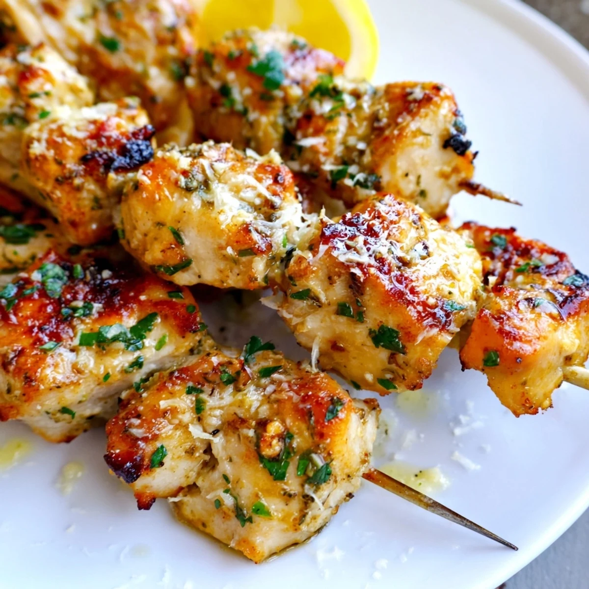 Bright lemon and melted Parmesan top Savory Garlic Parmesan Chicken Skewers