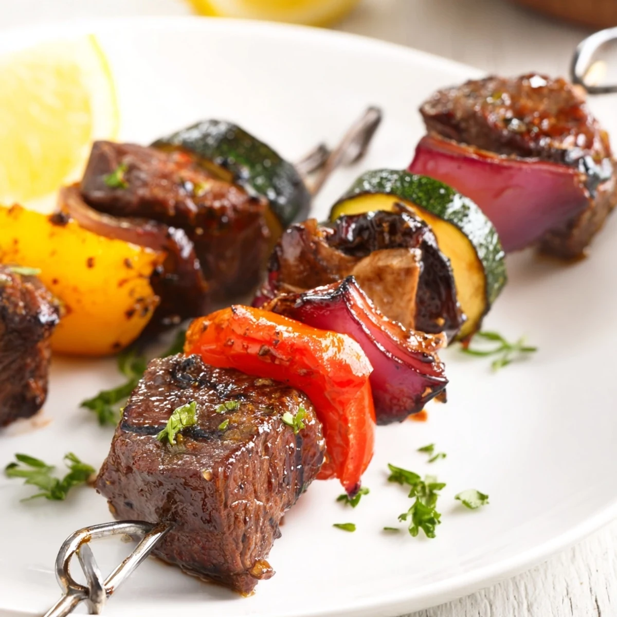 Grilled Steak Kabobs glisten with smoky char, juicy beef and colorful vegetables