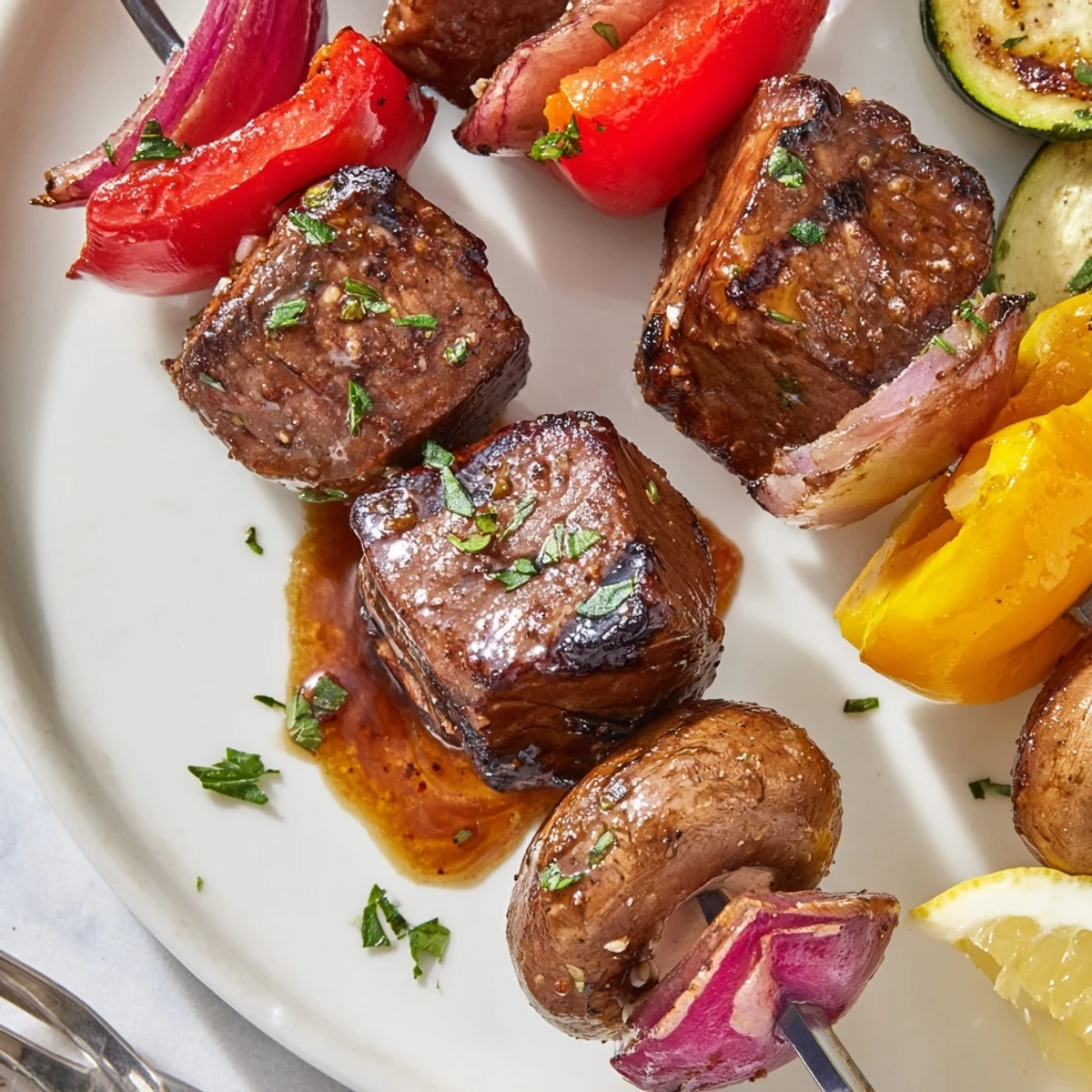 Summer ready Grilled Steak Kabobs resting on platter, garnished with lemon wedges