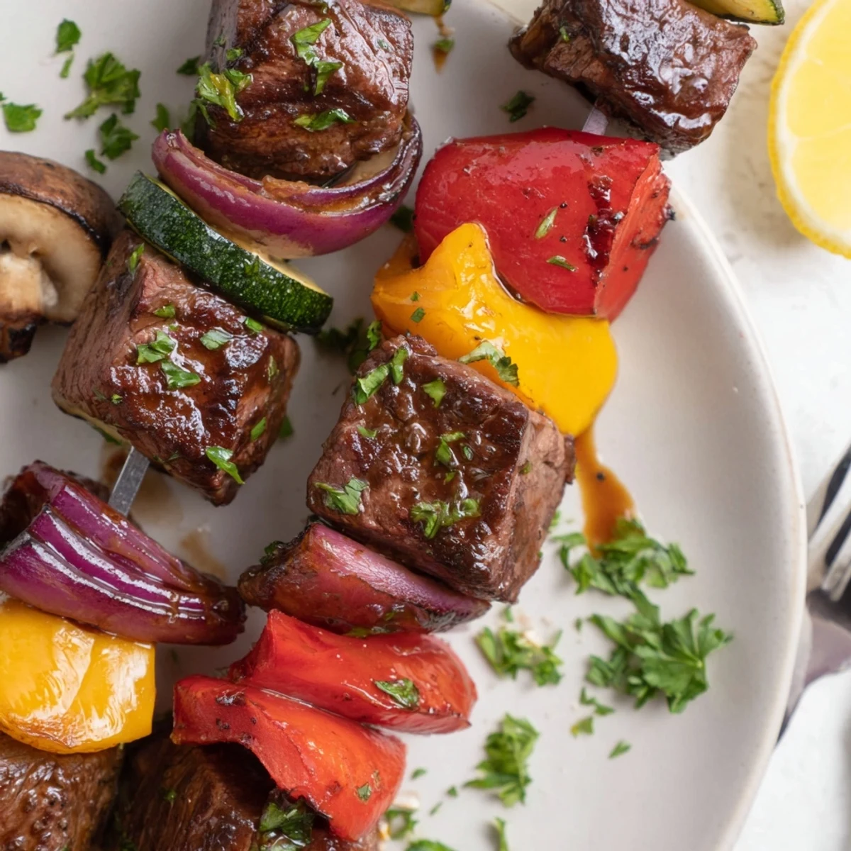 Sizzling Grilled Steak Kabobs threaded with peppers and onions, herb sprinkled
