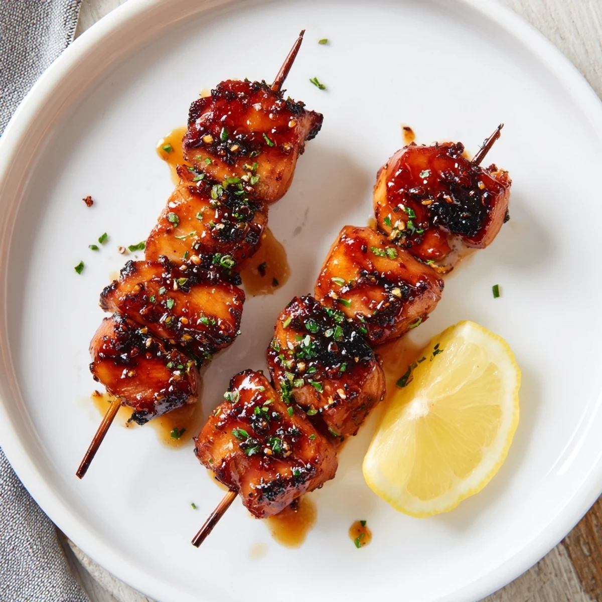 Grilled Juicy Honey Garlic BBQ Chicken Skewers with sticky caramelized glaze, parsley.  