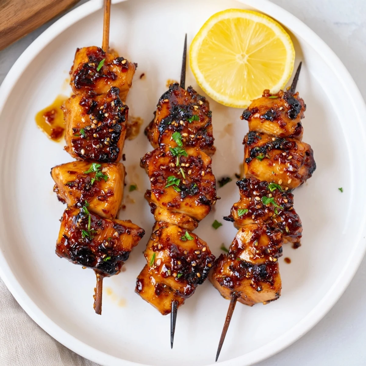 Sizzling Juicy Honey Garlic BBQ Chicken Skewers, charred edges and lemon wedges.  