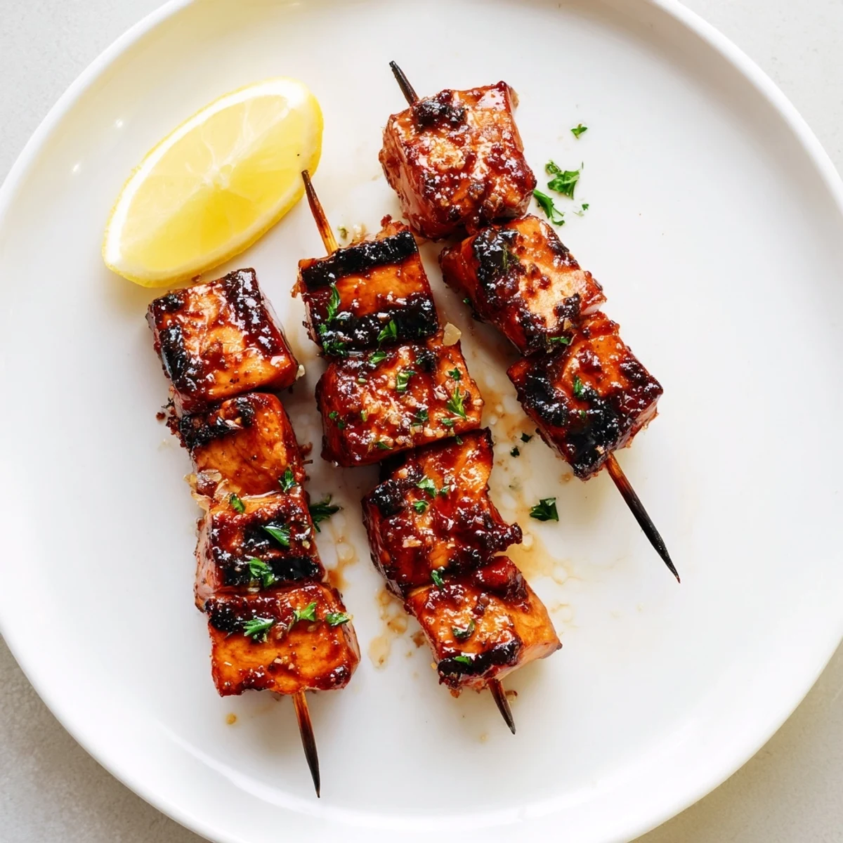 Marinated Juicy Honey Garlic BBQ Chicken Skewers resting on platter, ready to serve.