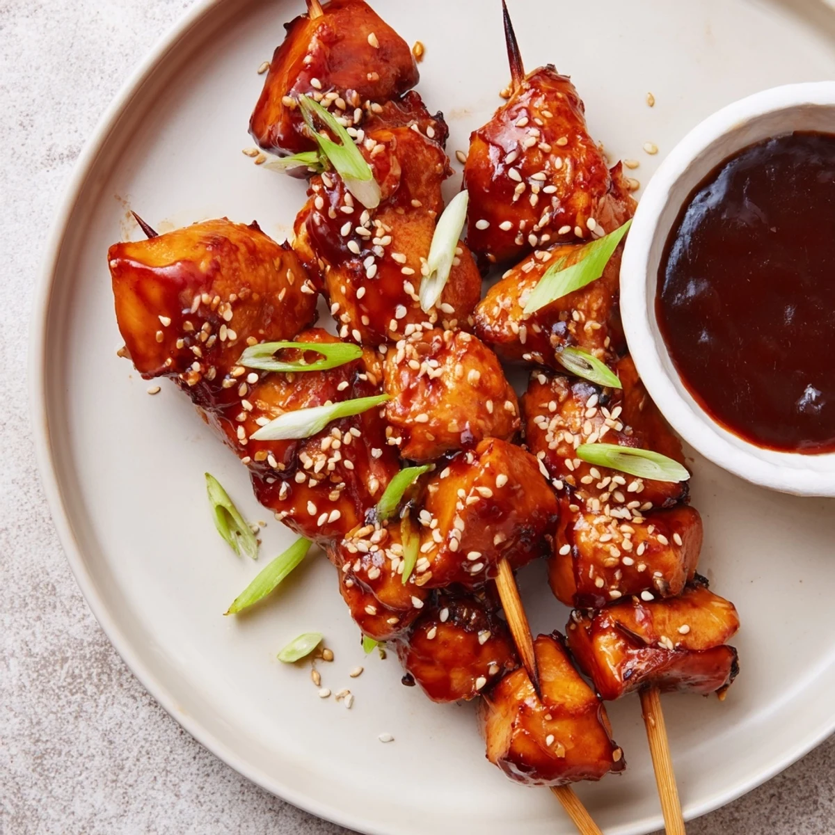 Chicken Skewers With Korean BBQ Sauce glistening, smoky, served with sesame and rice