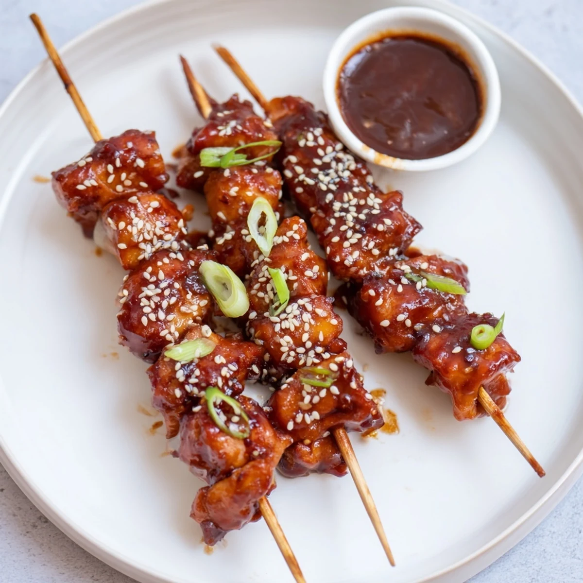Grilled Chicken Skewers With Korean BBQ Sauce brushed glossy, garnished with sliced scallions