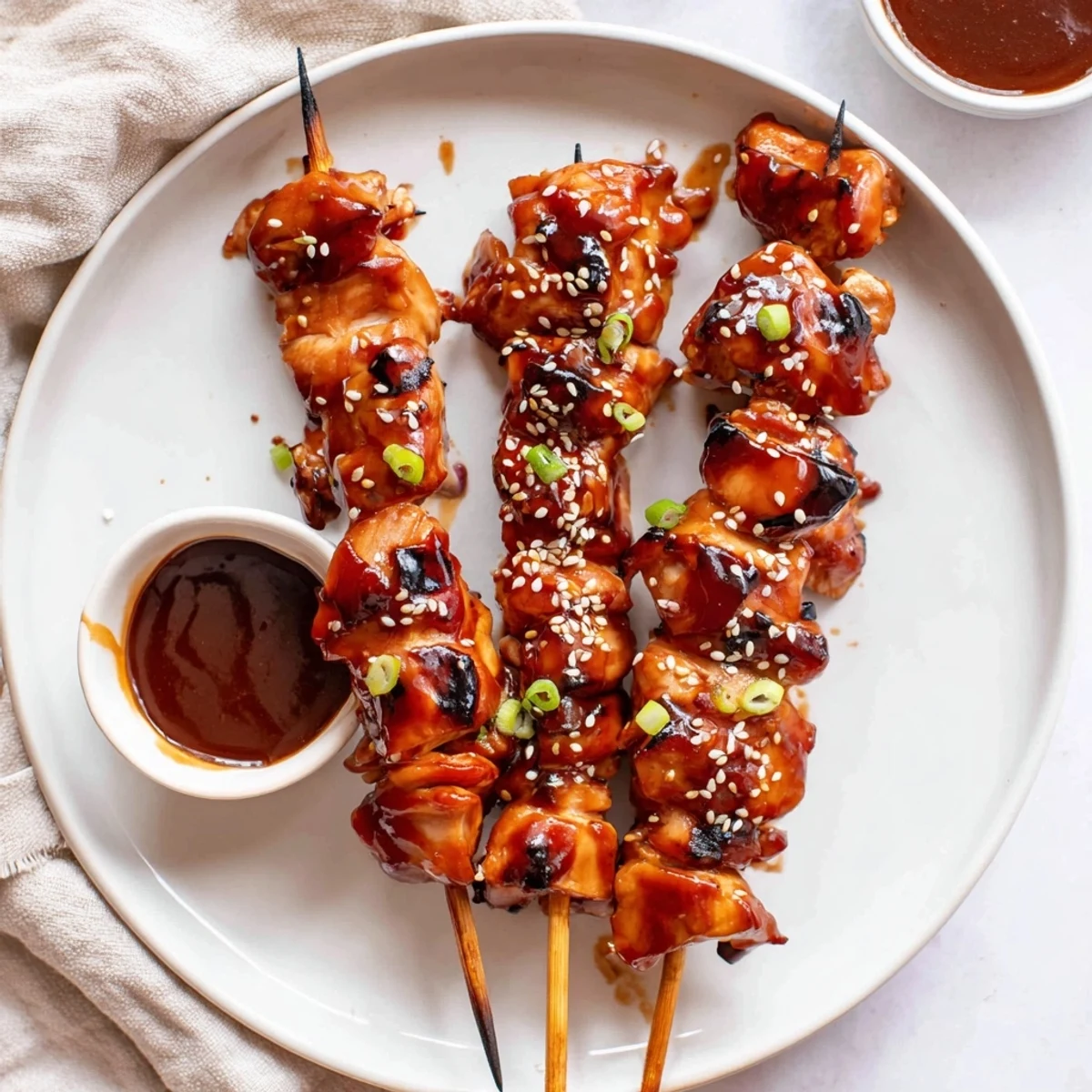 Platter of Chicken Skewers With Korean BBQ Sauce, spicy-sweet glaze, ideal for summer