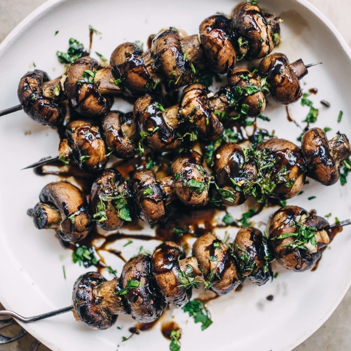 Balsamic Garlic Grilled Mushroom Skewers sizzling with charred edges, garnished with parsley
