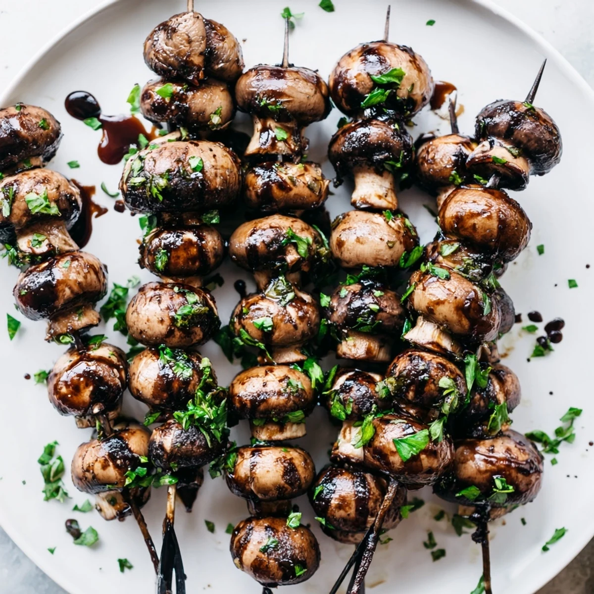 Smoky Balsamic Garlic Grilled Mushroom Skewers served hot with a tangy glaze