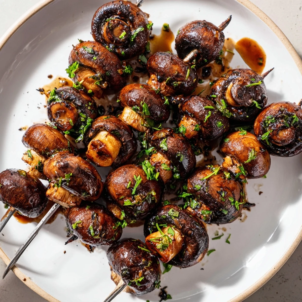 Wood-smoke aroma and tender caps on platter, Balsamic Garlic Grilled Mushroom Skewers