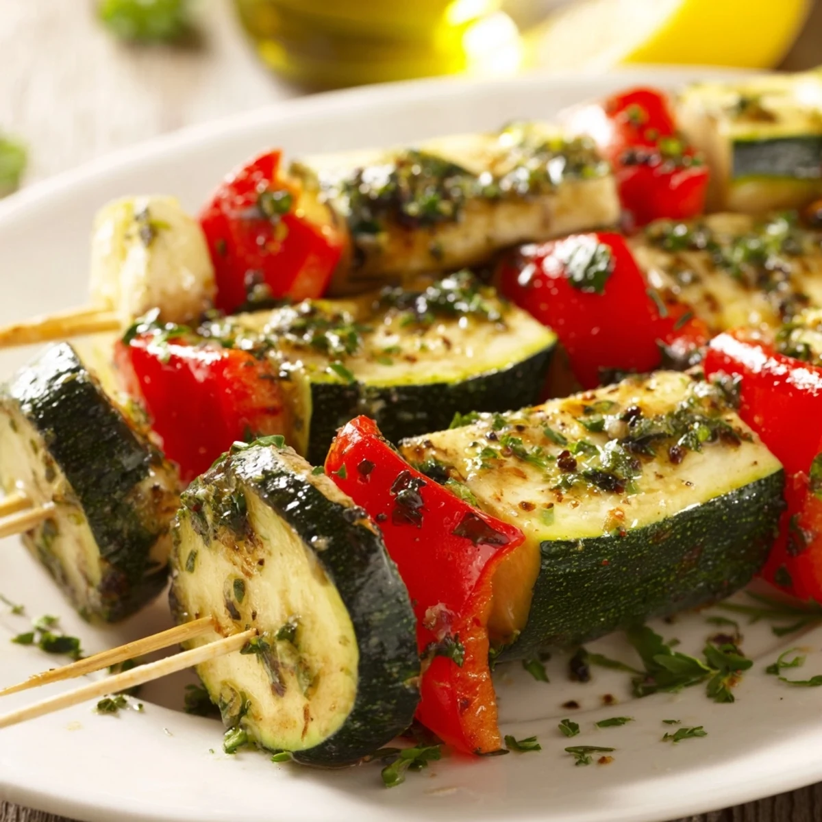 Garlic Butter Zucchini Skewers Grilled Veggie Side Recipe with charred edges and lemon