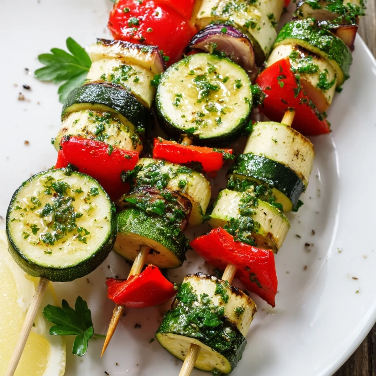 Warm, buttery Garlic Butter Zucchini Skewers Grilled Veggie Side Recipe brushed with parsley
