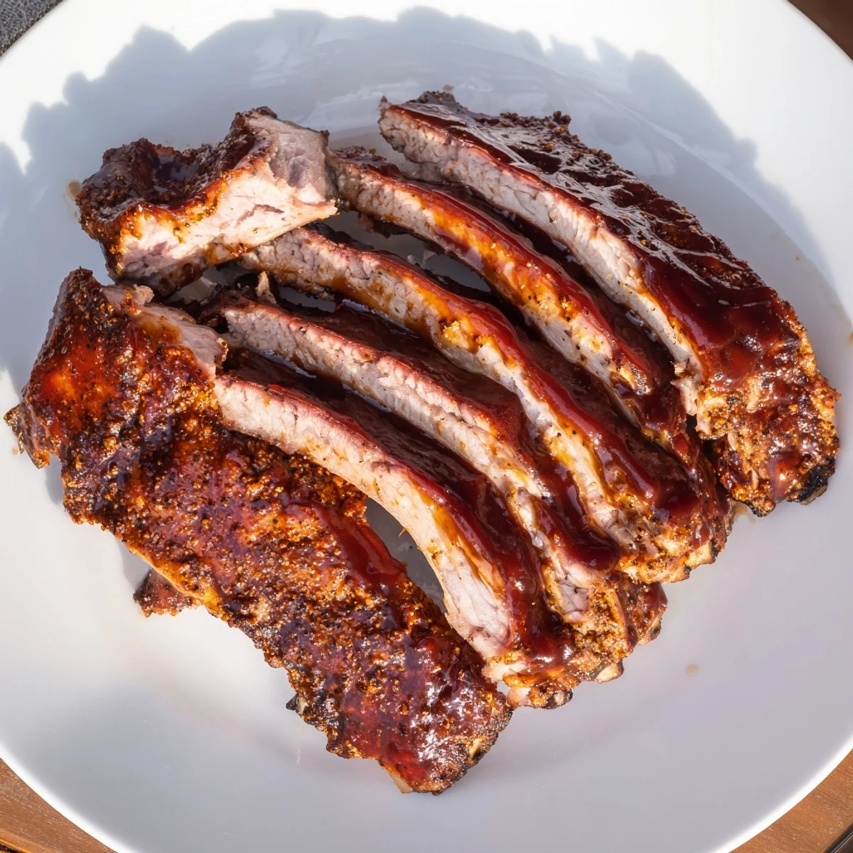 Smoky Grilled Ribs resting on cutting board, sliced between bones, steam visible