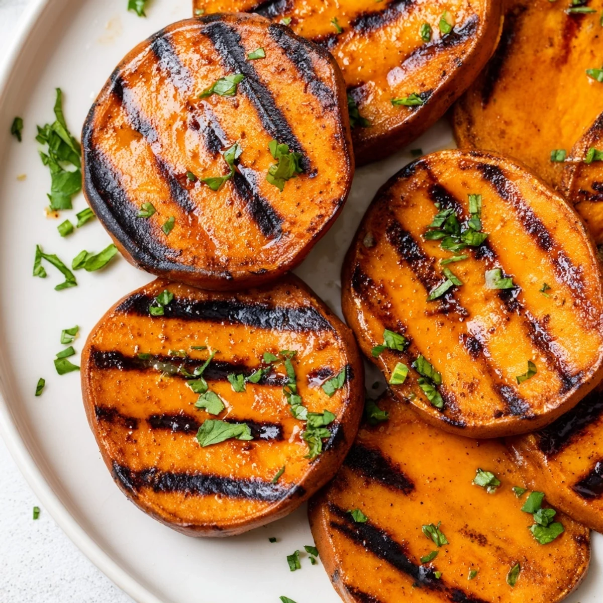 Grilled sweet potatoes with smoky char, tossed in olive oil and herbs