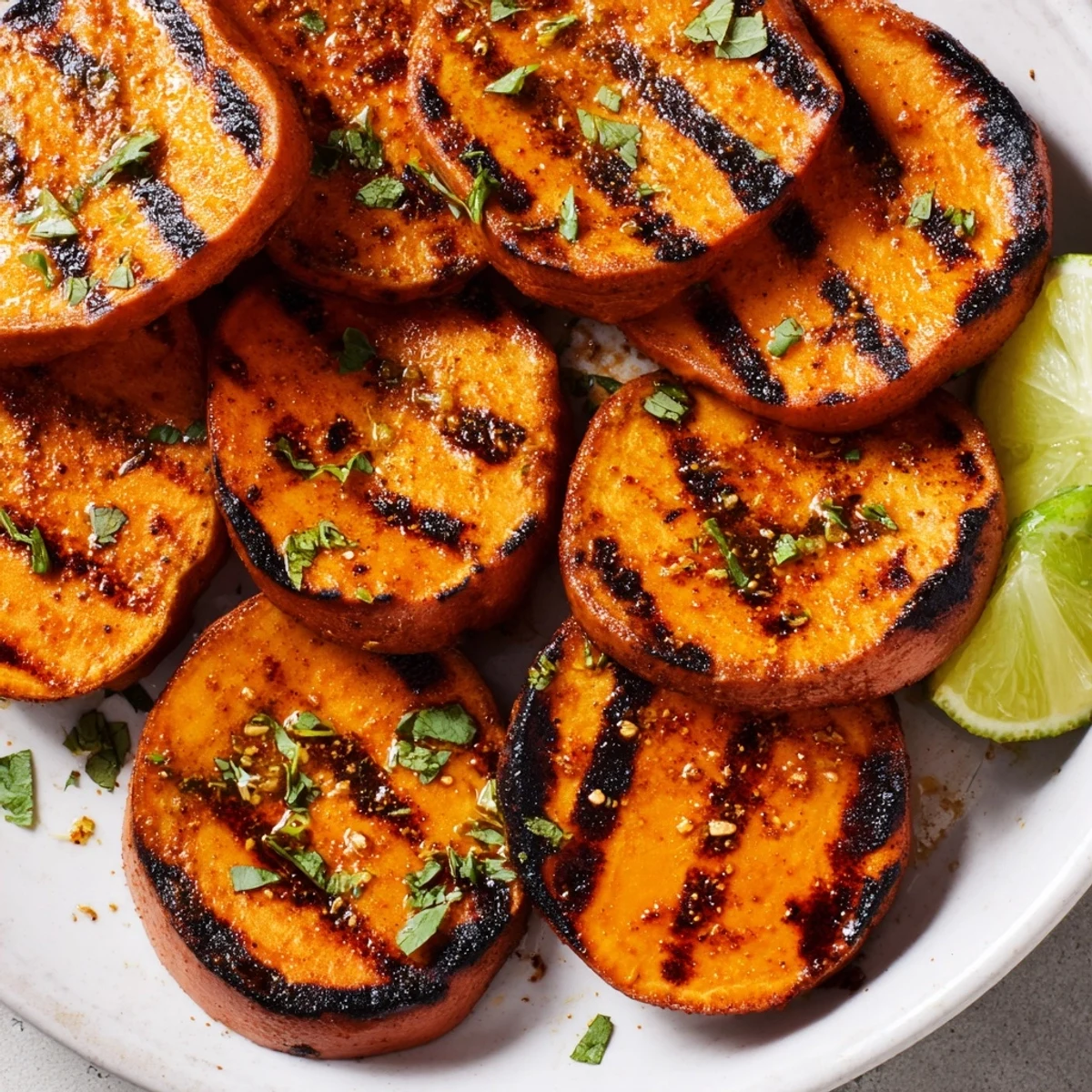 Grilled sweet potatoes plated for summer barbecue, sprinkled with cilantro and paprika
