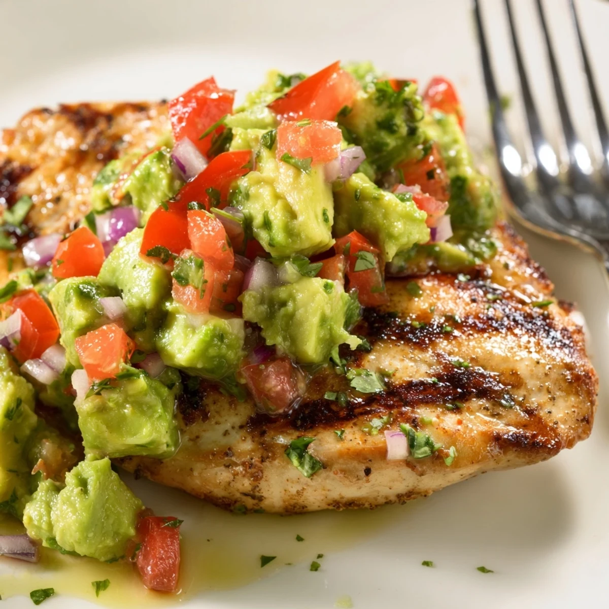 Sliced Juicy Grilled California Avocado Chicken over mixed greens, bright tomato salsa.