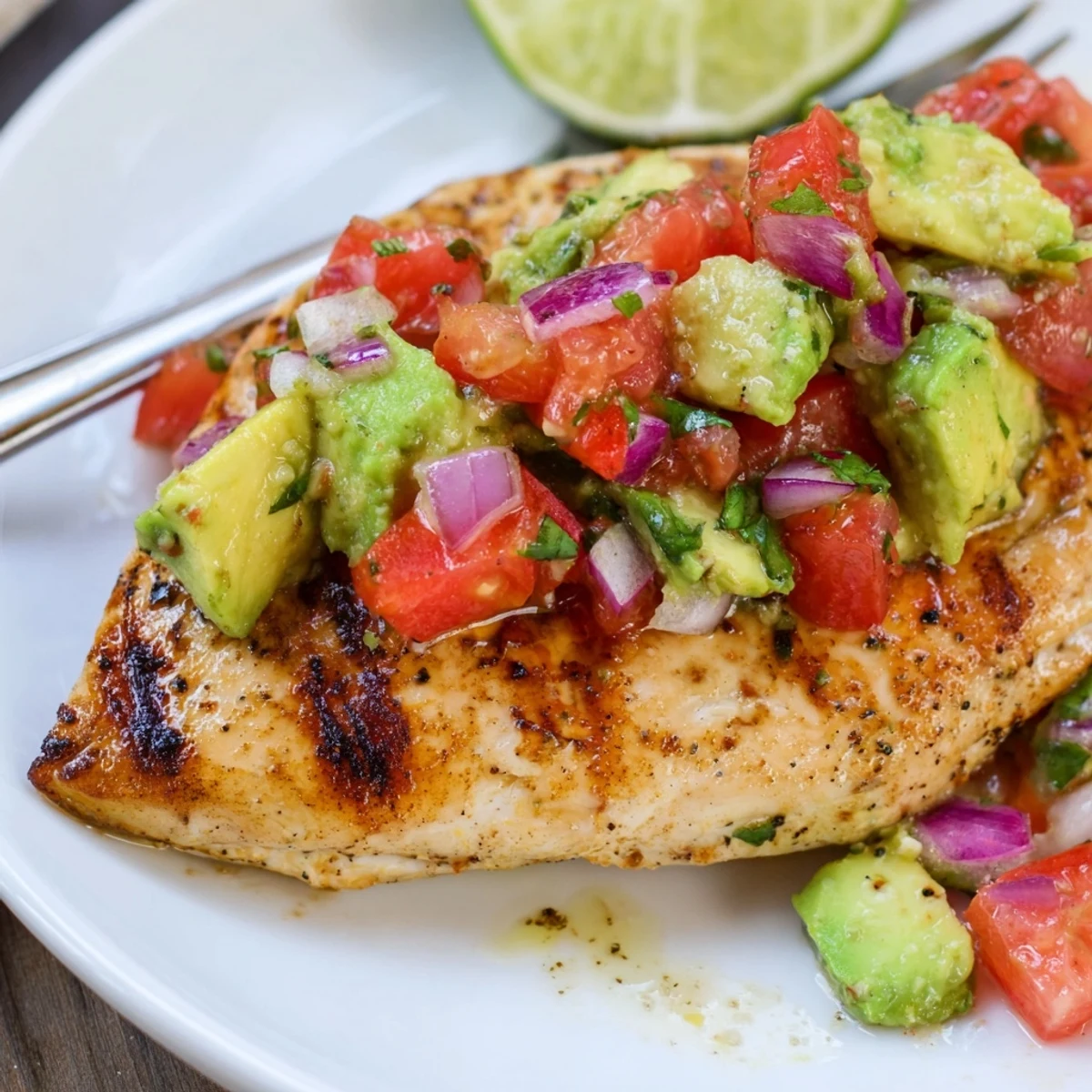 Juicy Grilled California Avocado Chicken on a warm plate with lime.