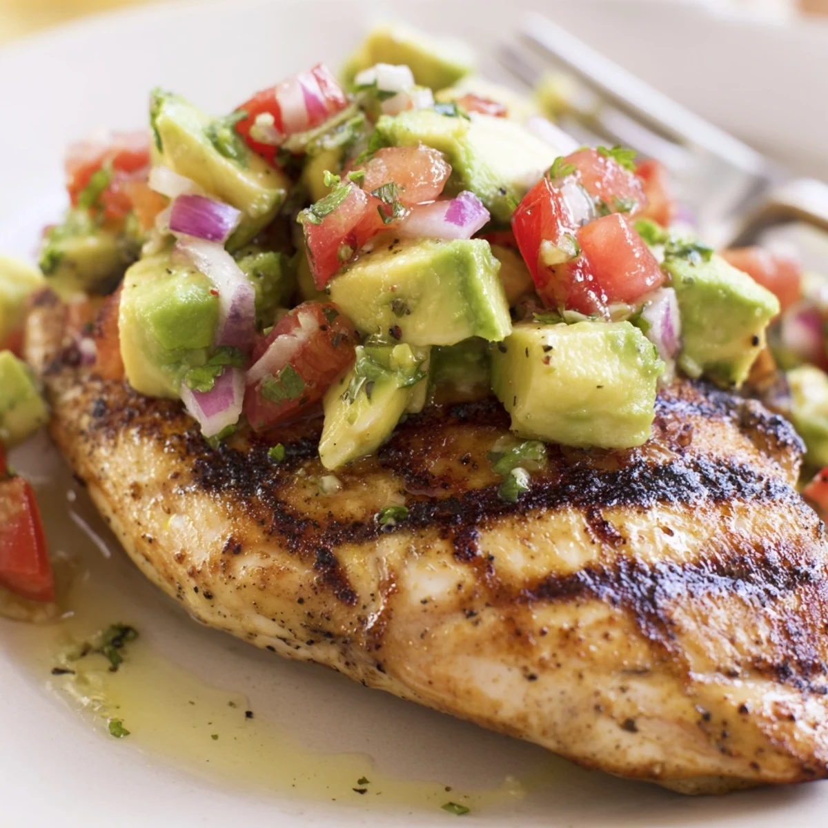 Close-up shows charred sear and creamy topping on Juicy Grilled California Avocado Chicken.