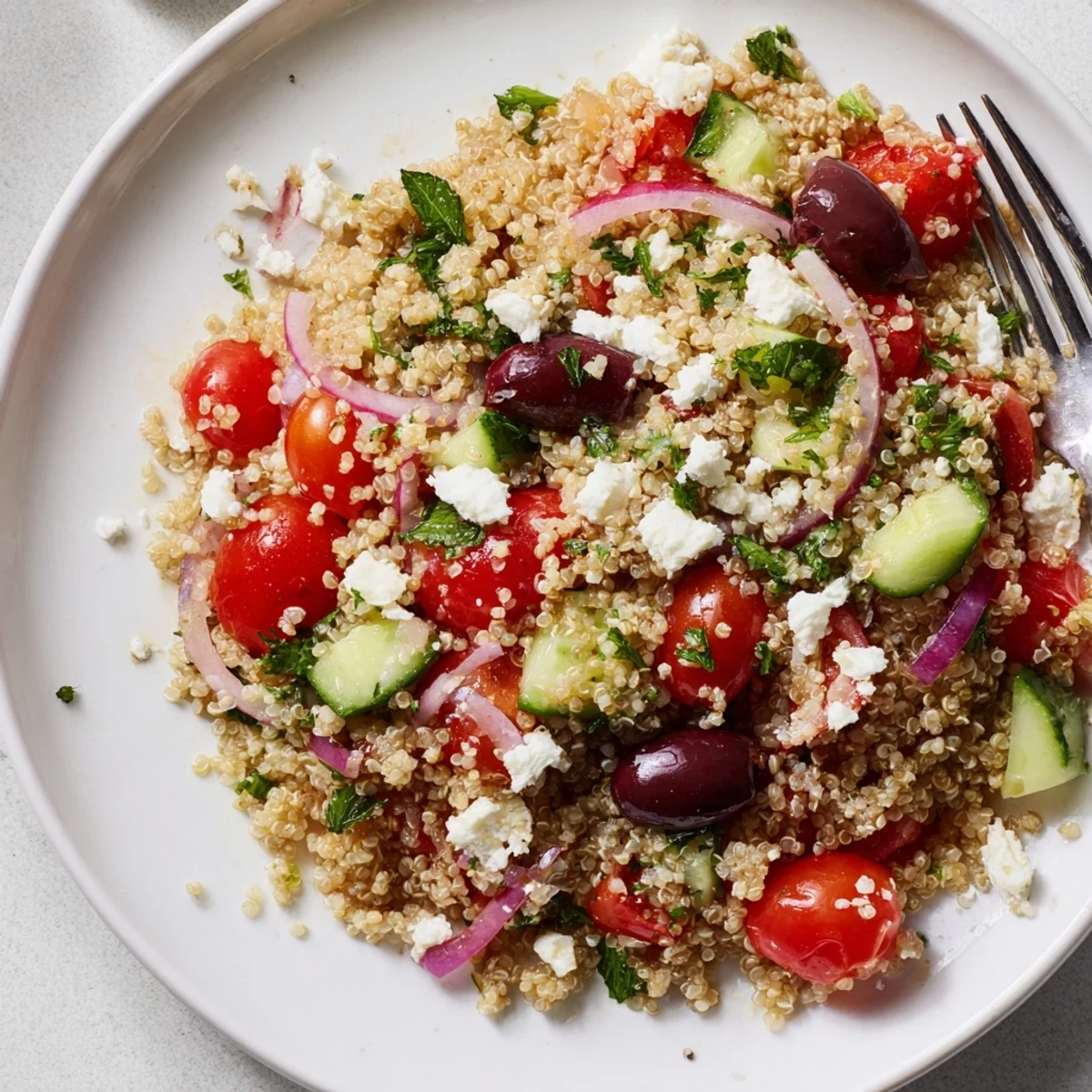 Hearty bowl of Greek Quinoa Salad Recipe chilled, fragrant with fresh parsley