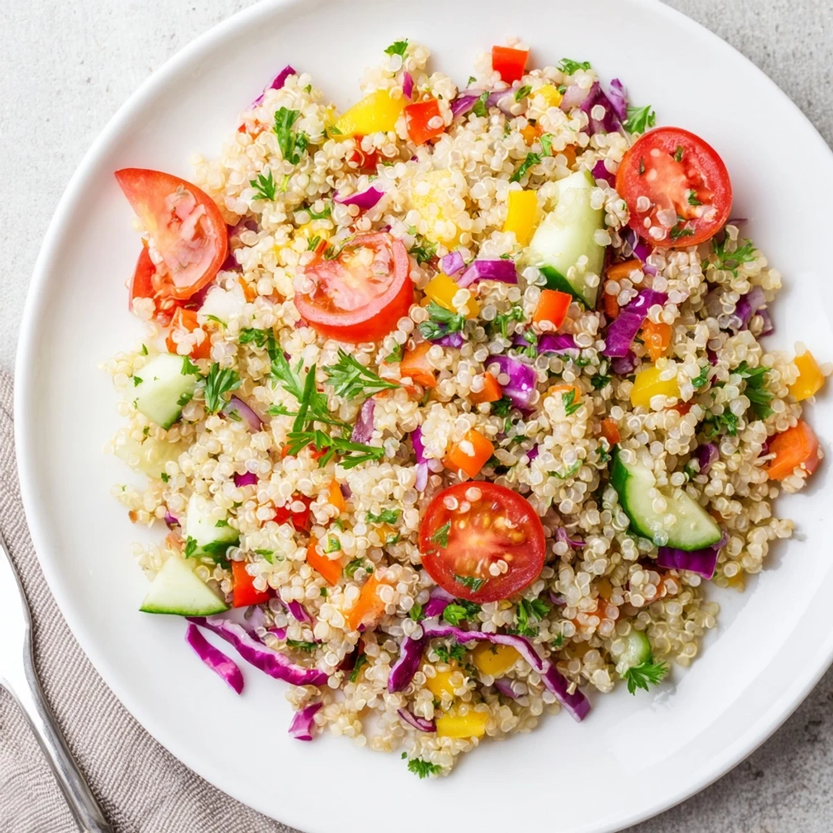 Rainbow Quinoa Salad With Lemon Dressing bright, crunchy vegetables, chilled for picnic lunches