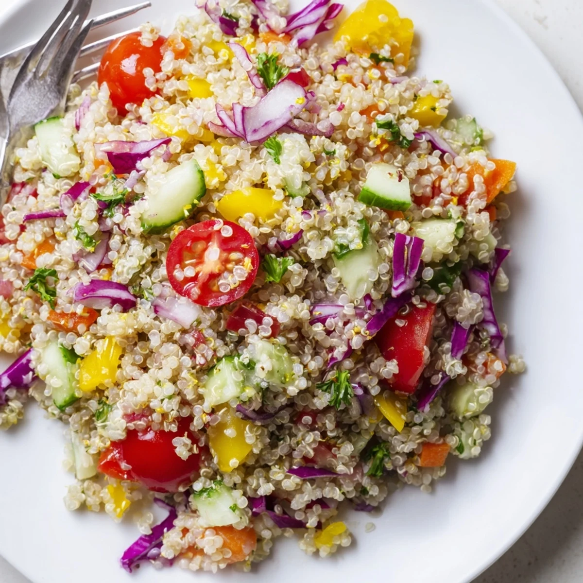 Bowl of Rainbow Quinoa Salad With Lemon Dressing, zesty and herby, serves four