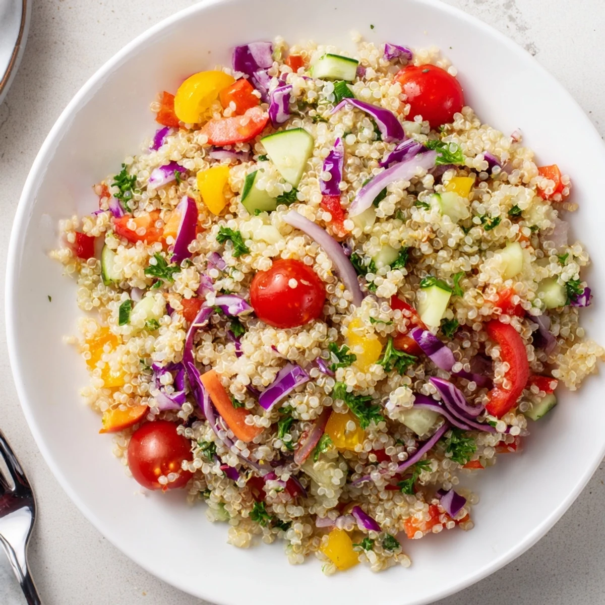 Colorful Rainbow Quinoa Salad With Lemon Dressing, fluffy quinoa, crisp peppers, tangy finish