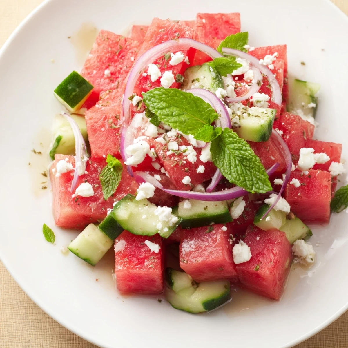 Bright Watermelon Feta Salad Recipe tossed with lime dressing and fresh mint
