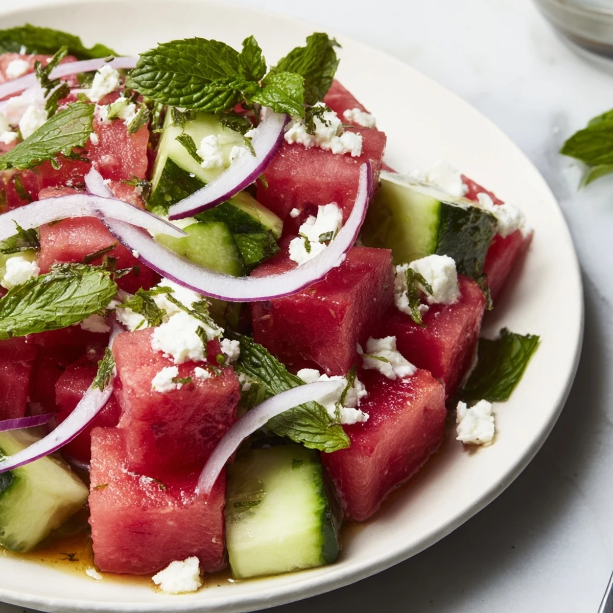 Watermelon Feta Salad Recipe with crisp cucumber, mint aroma, chilled summer plate