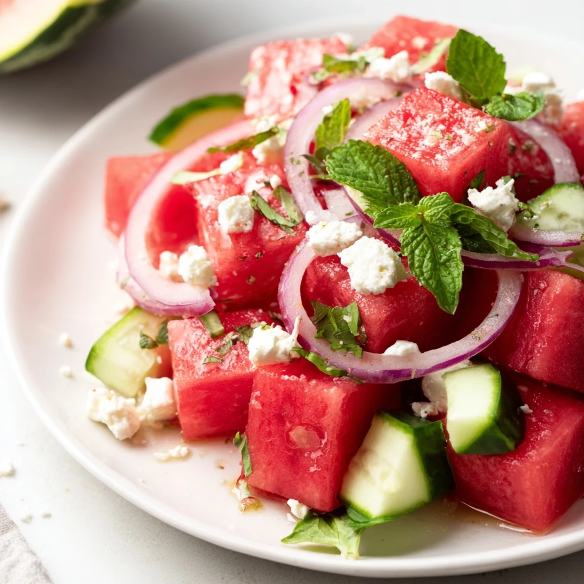 Chilled Watermelon Feta Salad Recipe garnished with torn basil, crunchy toasted seeds