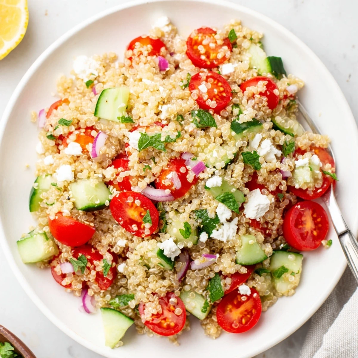 Favorite Quinoa Salad Recipe with bright lemon dressing and crisp vegetables.