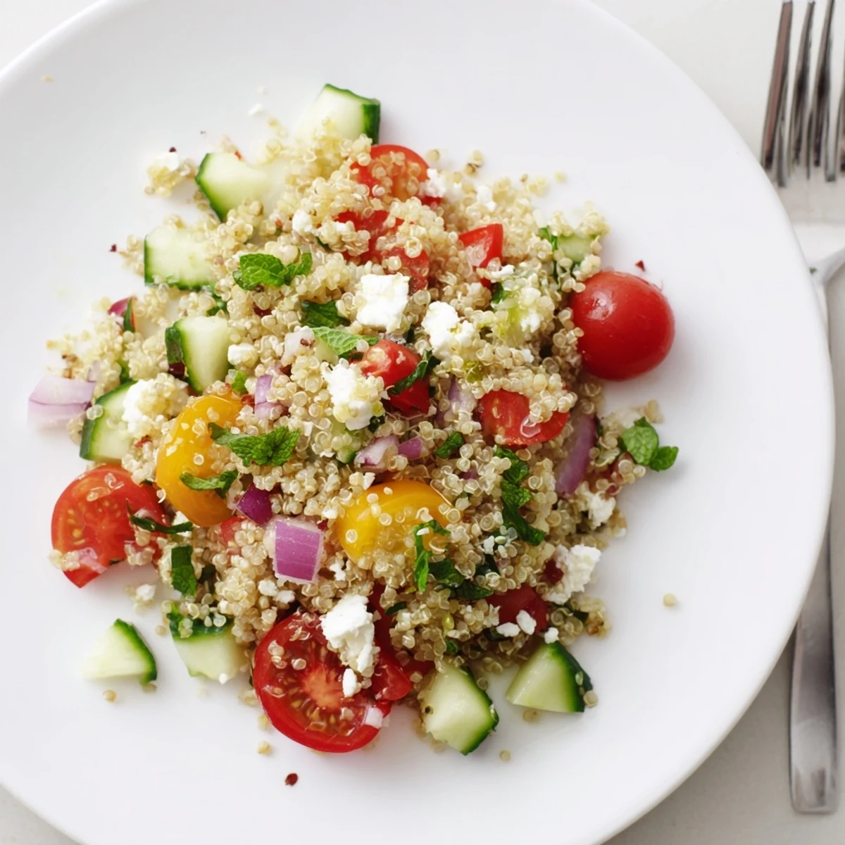 A colorful bowl of Favorite Quinoa Salad Recipe, tangy lemon dressing and herb fragrance.