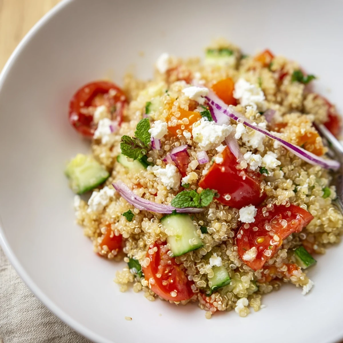 Chilled Favorite Quinoa Salad Recipe tossed with fresh herbs, feta, and tomatoes.