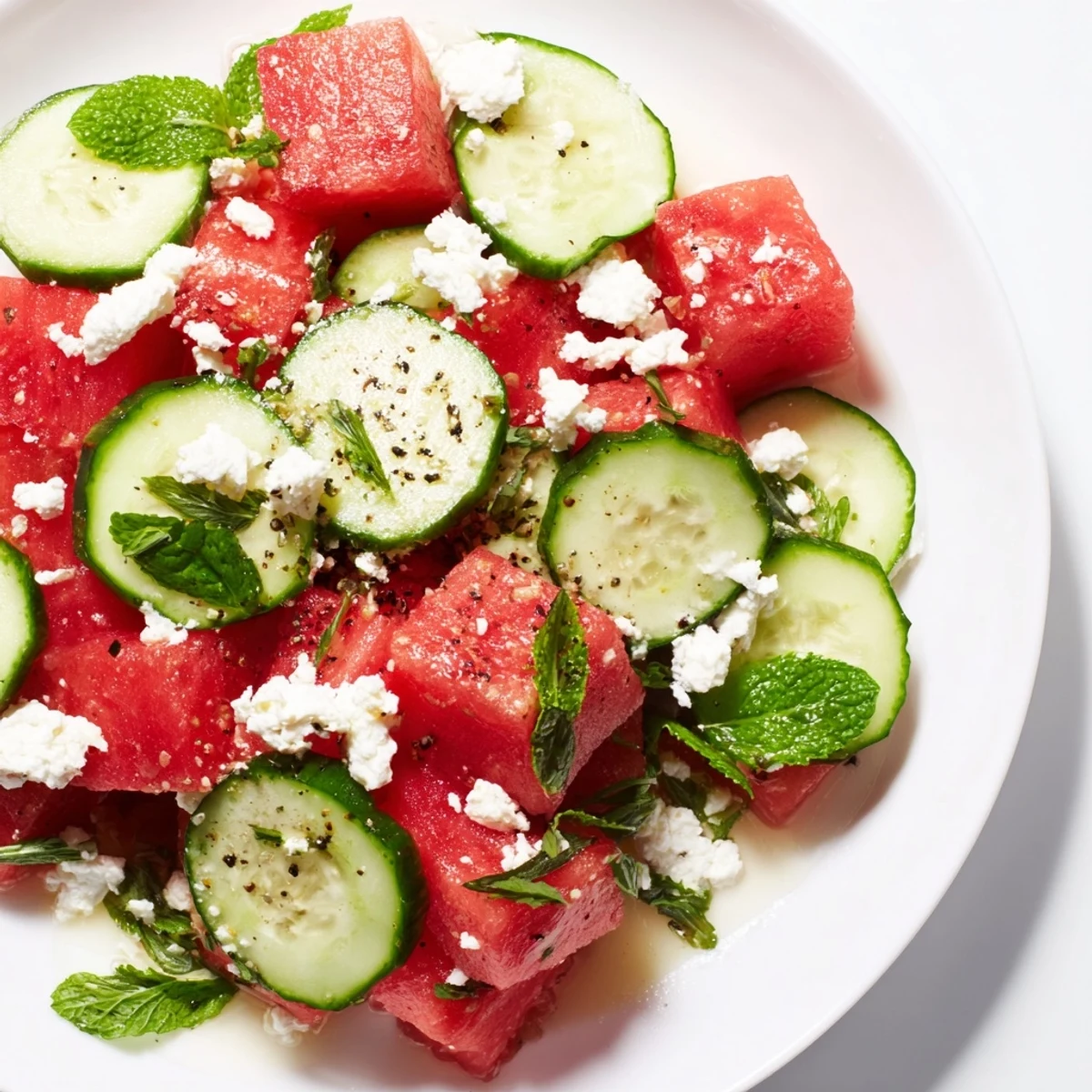 Bright Watermelon Feta and Mint Salad garnished with mint, lime, and pepper
