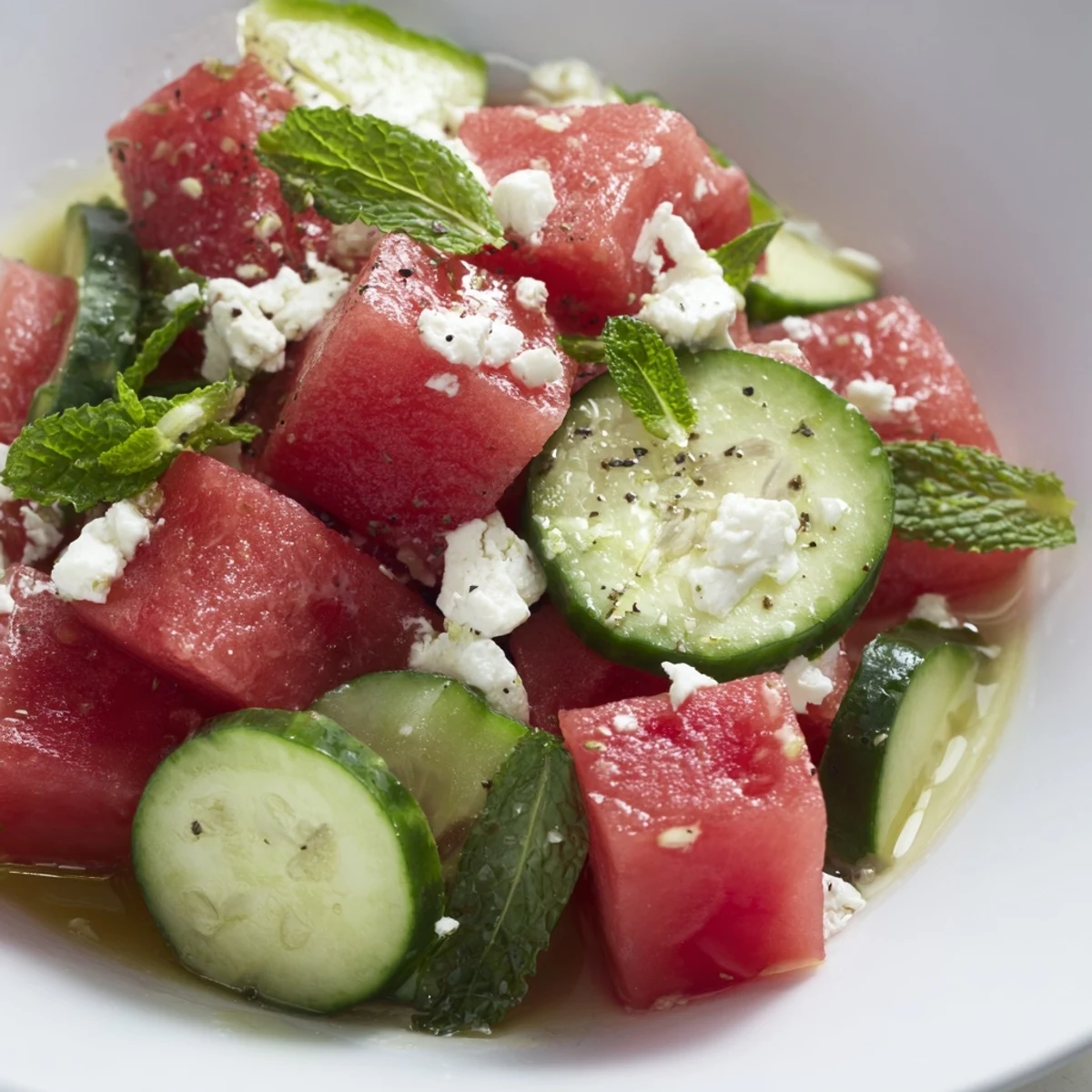 Creamy feta contrasts with sweet, crisp watermelon in Watermelon Feta and Mint Salad