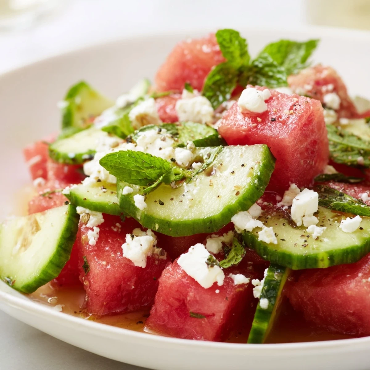 Watermelon Feta and Mint Salad piled in bowl, juicy, salty, chilled