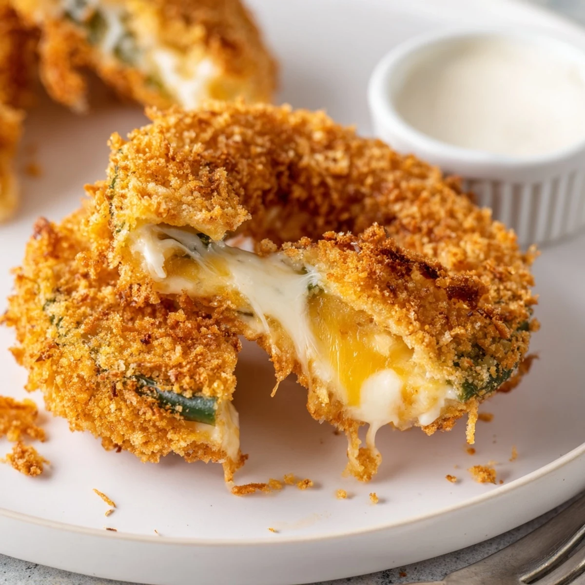 Crispy Jalapeño Popper Onion Rings: golden, molten cheese oozing, served with ranch